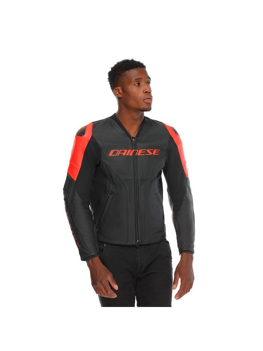 Dainese Racing 5 Perforated Sommer Herren Motorradjacke Leder Black / Black / Red-Fluo