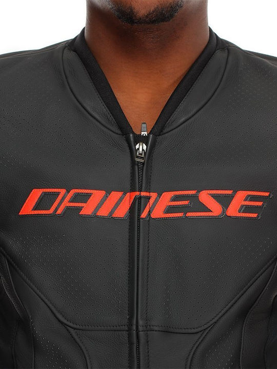 Dainese Racing 5 Perforated Sommer Herren Motorradjacke Leder Black / Black / Red-Fluo