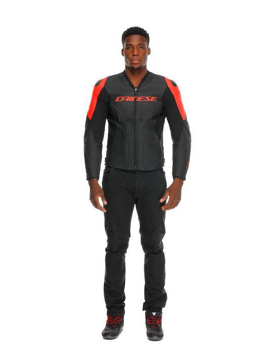 Dainese Racing 5 Perforated Sommer Herren Motorradjacke Leder Black / Black / Red-Fluo
