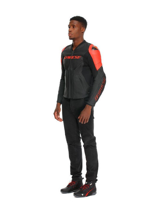Dainese Racing 5 Perforated Sommer Herren Motorradjacke Leder Black / Black / Red-Fluo