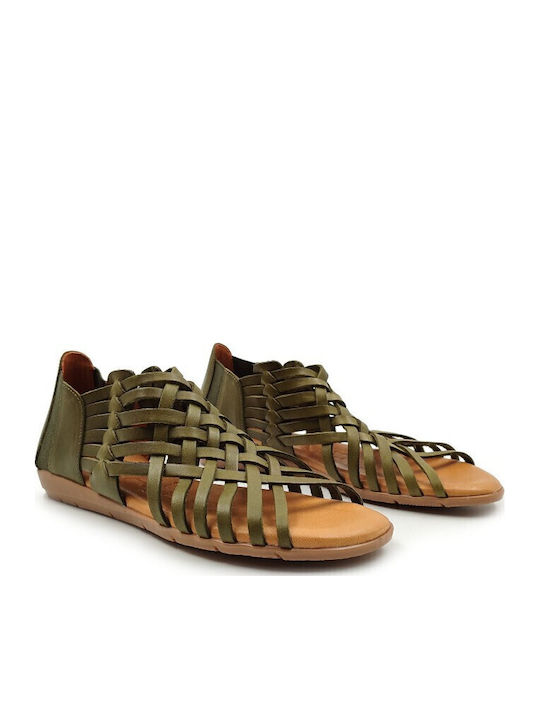 Leather Women's Flat Sandals in Khaki Color