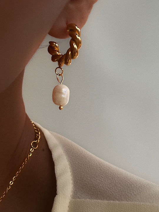 Enotia Earrings Hoops made of Steel Gold Plated with Pearls Enotia Earrings Hoops made of Steel Gold Plated with Pearls