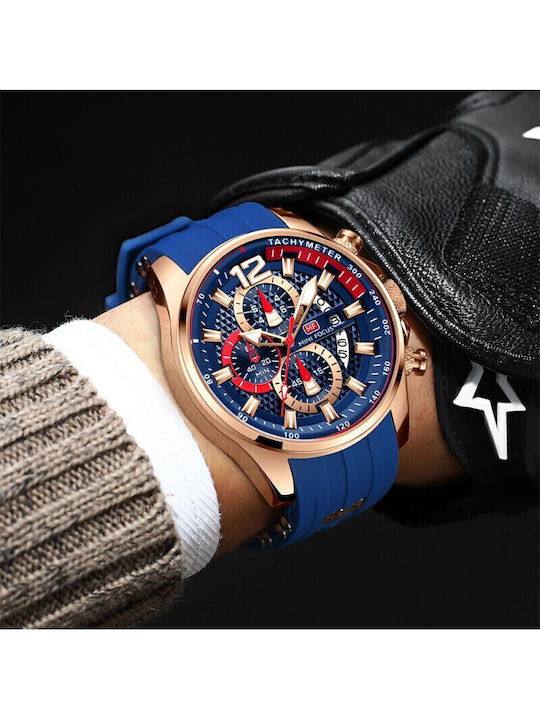 Mini Focus Men's Watch Chronograph Battery with Blue Rubber Strap