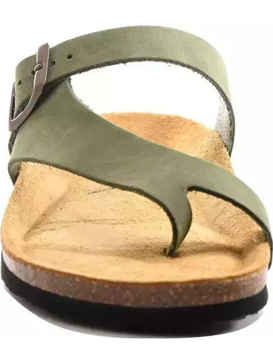 Leder Flache Damen Sandalen Nobuck Olivagrün