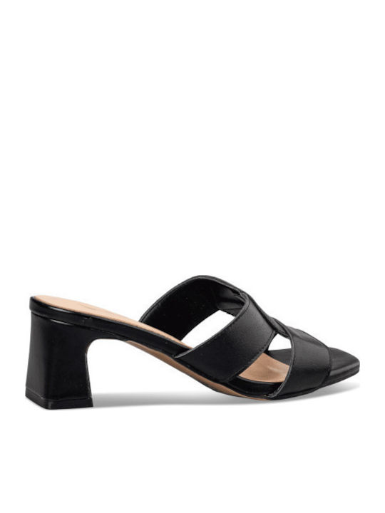 Leather Mules with Low Heel in Black Color
