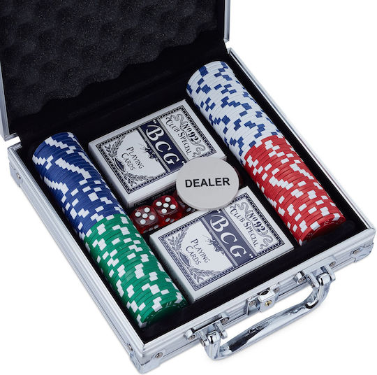 Set Poker Relaxdays 100 Jetoane Covoraș 2 Pachete Cărți Buton Dealer Small Blind Big Blind Geantă