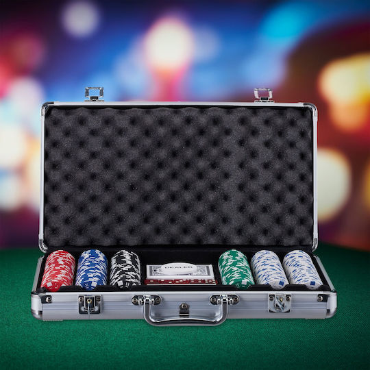Set Poker Complex 300 Jetoane de la Relaxdays Include 2 Pachete Cărți 5 Zaruri Echipat cu Geantă de Aluminiu Măsurând 26.5 X 38 X 7 Cm