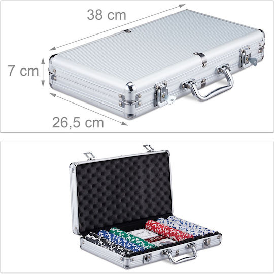 Set Poker Complex 300 Jetoane de la Relaxdays Include 2 Pachete Cărți 5 Zaruri Echipat cu Geantă de Aluminiu Măsurând 26.5 X 38 X 7 Cm