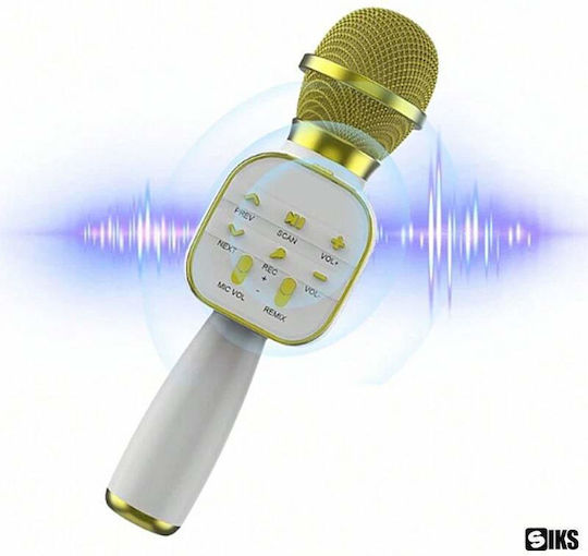 Microfon Karaoke Wireless Siks Portabil Difuzor Încorporat Card Micro SD USB Radio FM Înregistrare Multifuncțional Alb Auriu
