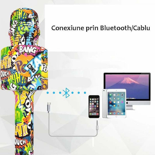 Microfon Karaoke Wireless Siks Ly100 M4 pentru Copii Model Graffiti 100Hz iOS Android Tabletă PC Bluetooth USB