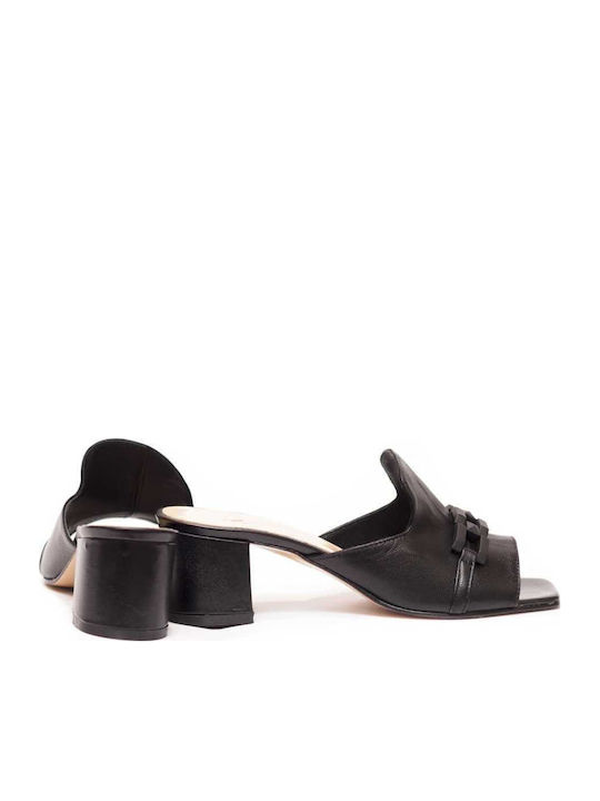 Leather Mules with Low Heel in Black Color