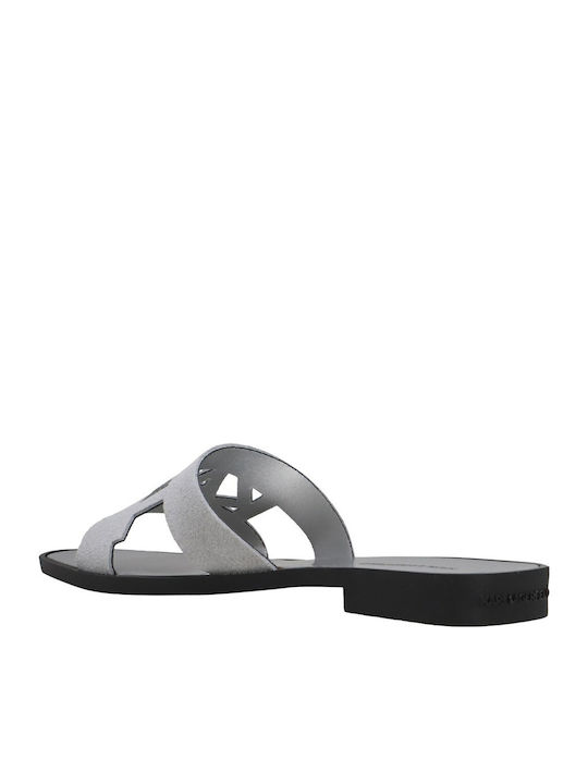 Leather Women's Flat Sandals in Silver Color