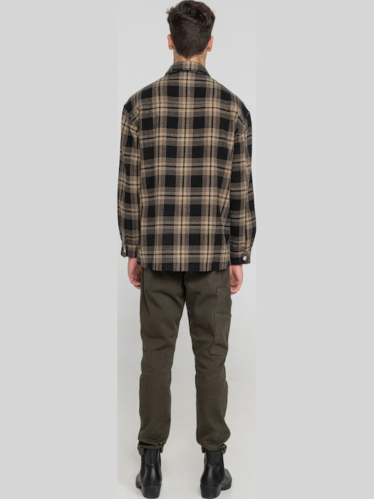 Long Sleeve Cotton Overshirt in Regular Fit Checked Beige