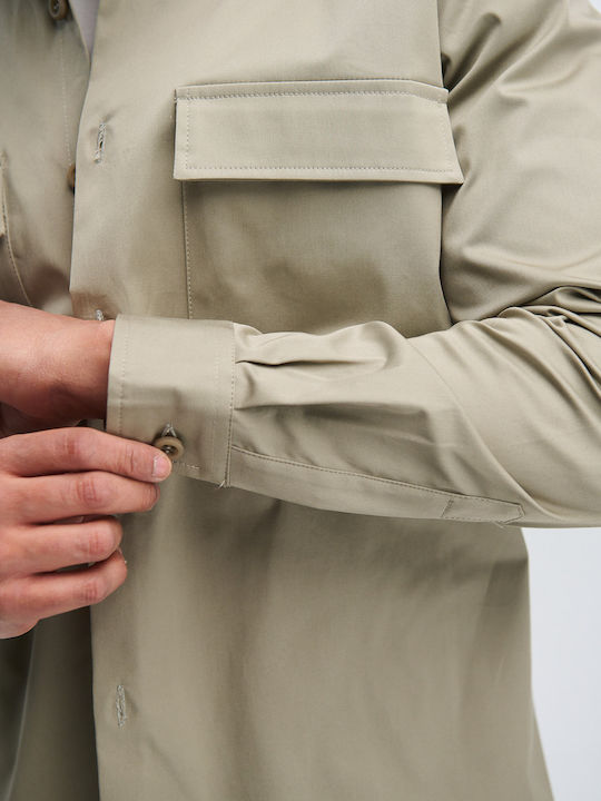 Μακρυμάνικo Τζιν Overshirt σε Κανονική Γραμμή Λαδί