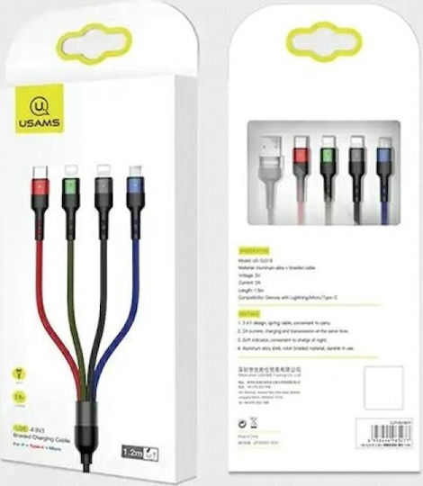 Usams US-SJ317 Braided USB to Lightning / Type-C / micro USB Cable 2A Μαύρο 1.2m