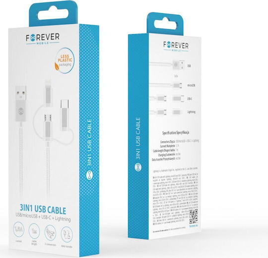 Forever Regular Cablu USB la Lightning / Type-C / micro USB cu mai multe porturi Alb 1m (3IN1)
