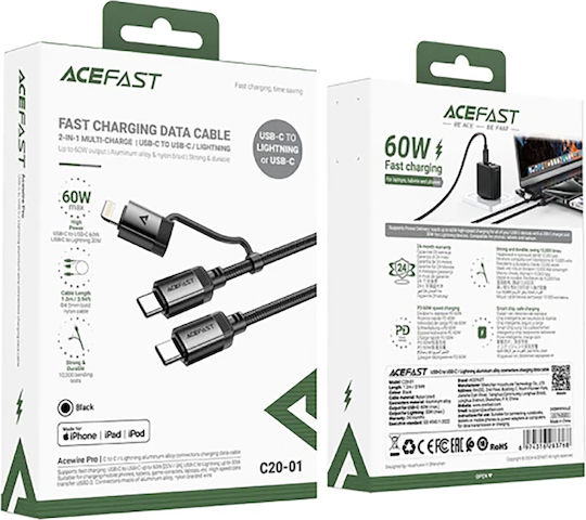 Acefast Braided USB to Type-C / Lightning Cable 3A Μαύρο 1.2m C20-01