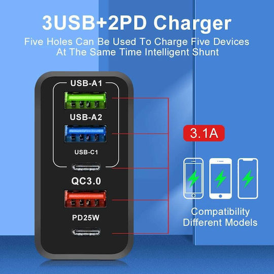 Techsuit Charger GaN with 3 USB-A Ports and 2 USB-C Ports and Cable USB-C 25W Power Delivery / Quick Charge 3.0 Whites (CHC1)