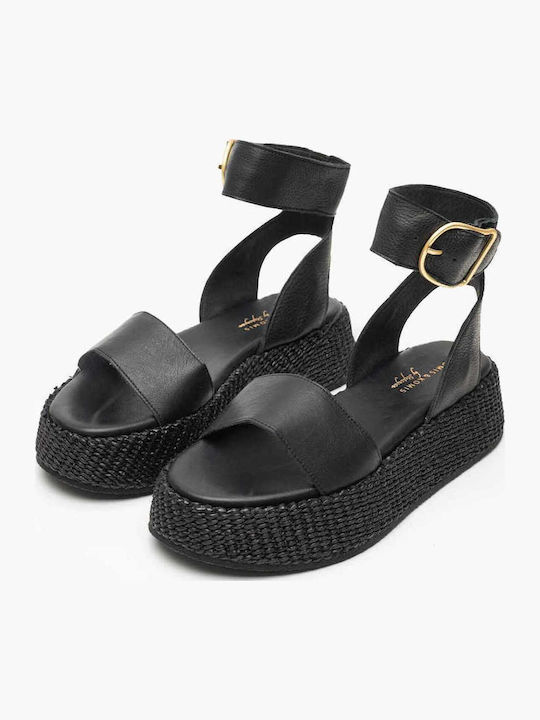 Women's Leather Ankle Strap Platforms Black