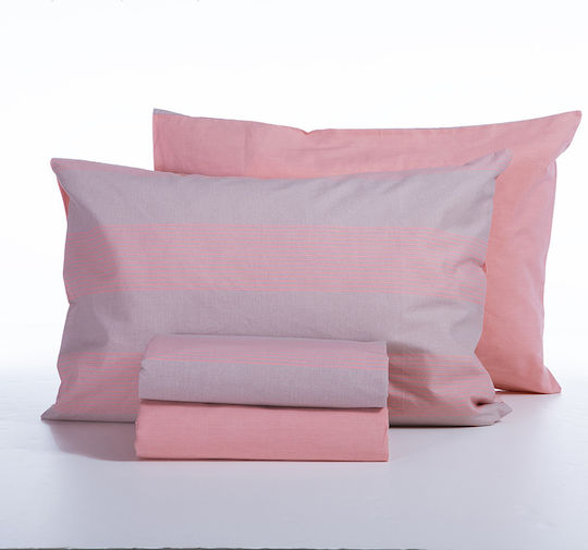 Nef-Nef Homeware Casual Stripe Σετ Σεντόνια Υπέρδιπλα με Λάστιχο 160x200+35εκ. Ροδακινί (4τμχ)