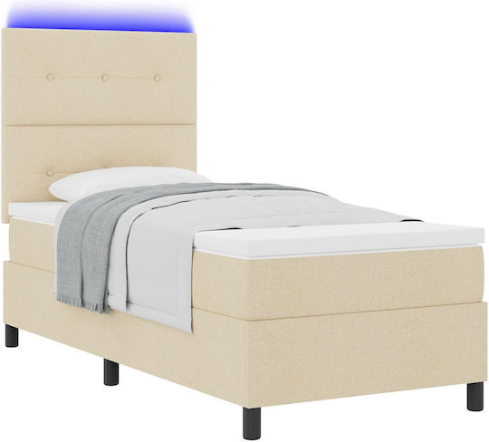 Pat Single Tapitat Cu Material Textil Crem Cu Plăci Și Saltea 80x200cm