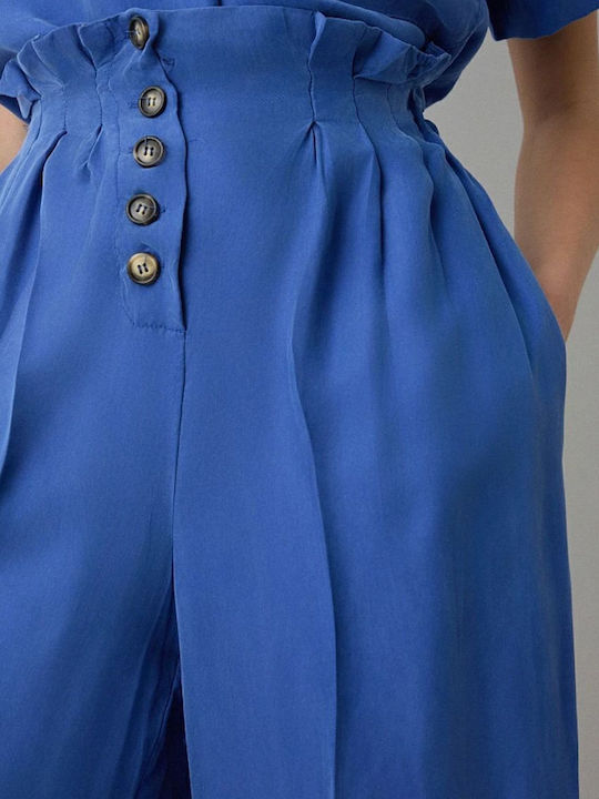 Women's High-waisted Fabric Capri Trousers with Elastic Regular Fit Azure Blue