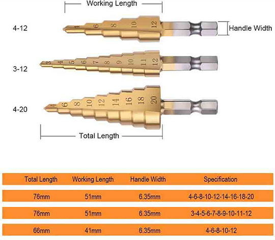 Set of 3 Titanium Coated Conical Drill Bits Mm