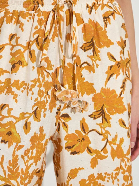 Damen Stoff Hose mit Gummizug Blumen Apricot