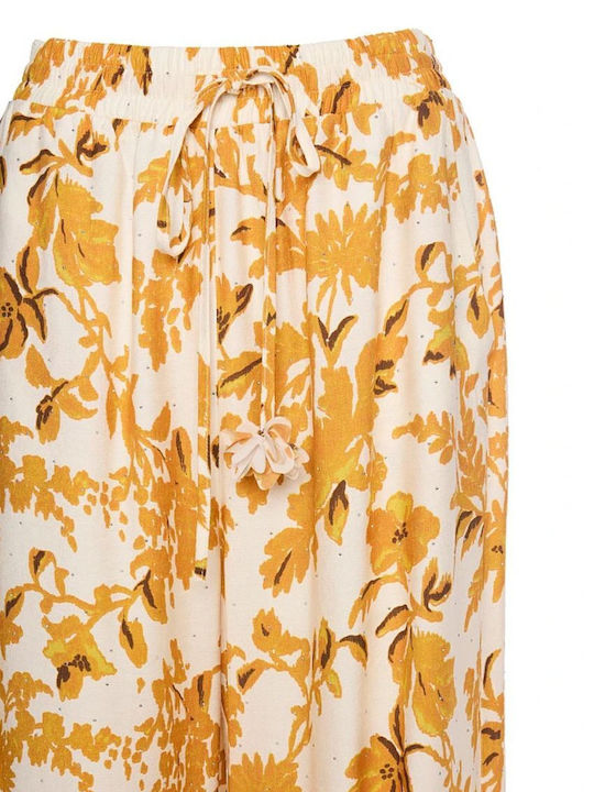 Damen Stoff Hose mit Gummizug Blumen Apricot