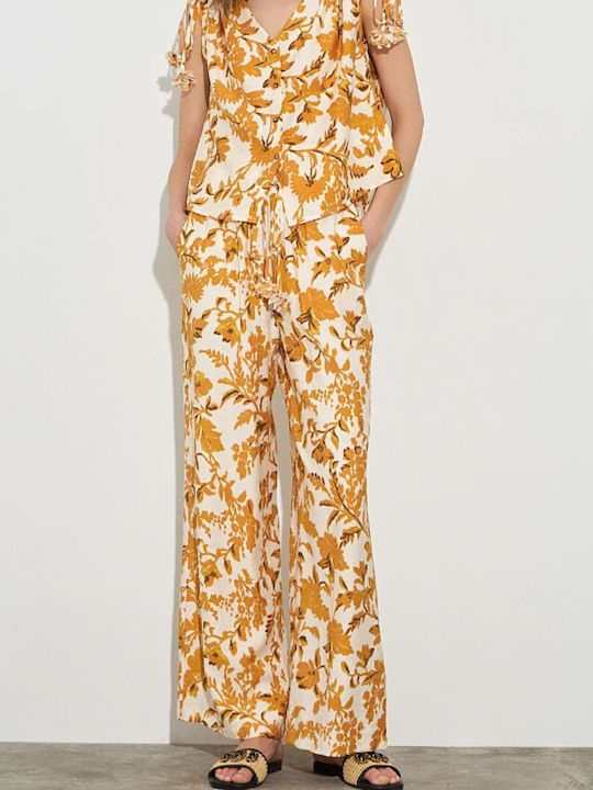 Damen Stoff Hose mit Gummizug Blumen Apricot