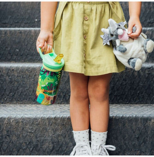 Quokka Kids Water Bottle Thermos Dinosaur Stainless Steel with Straw Non Spill 445ml