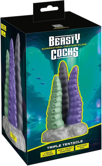 Beasty Cocks Triple Tentacle Dildo Стъклено дилдо Със смукателна чашка Сребрист 22см
