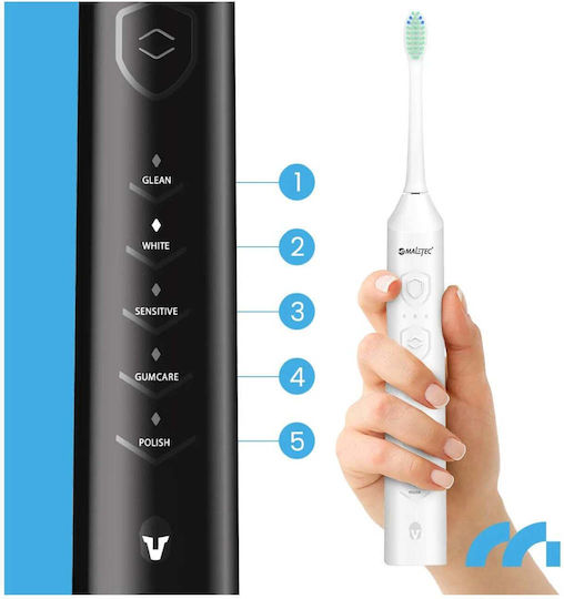 Set 2 Periuțe de dinți electrice Maltec Toothie X2in1 6 capete incluse 5 programe diferite 45.000 vibrații pe minut Alb Negru