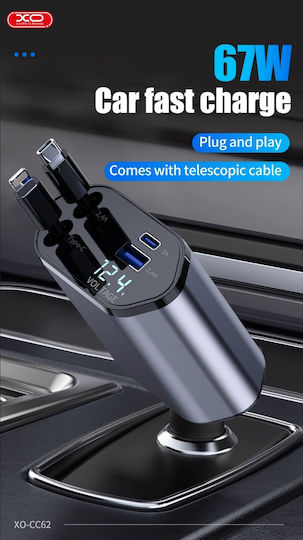 XO Зарядно за кола 104W с Портове: 1xUSB 1xType-C заедно с Кабел Lightning / Type-C Сив Цвят