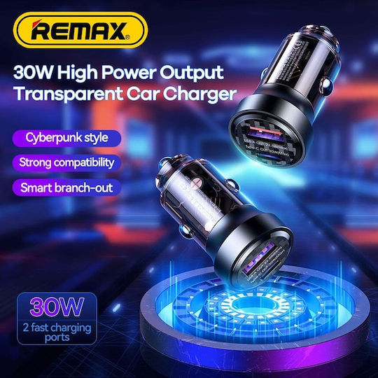Remax Car Charger 30W Fast Charging with Ports: 1xUSB 1xType-C