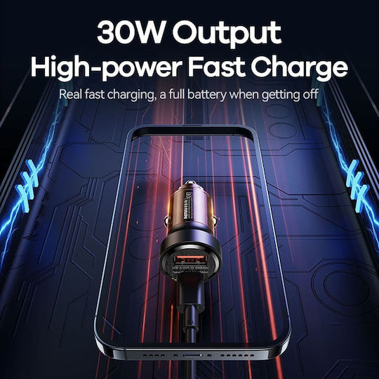 Remax Car Charger 30W Fast Charging with Ports: 1xUSB 1xType-C