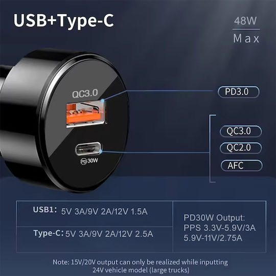 Techsuit Car Charger 18W 3.1A Fast Charging with Ports 1xUSB-A 1xType-C including Cable Type-C Black Colour