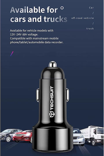 Techsuit Car Charger 18W 3.1A Fast Charging with Ports 1xUSB-A 1xType-C including Cable Type-C Black Colour