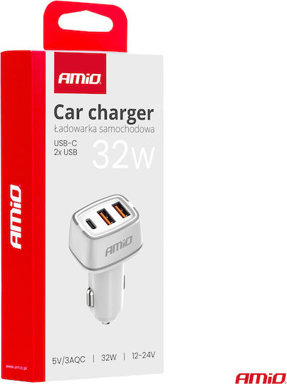 AMiO Încărcător Auto 32W Încărcare Rapidă cu Porturi: 2xUSB 1xType-C Alb Culoare