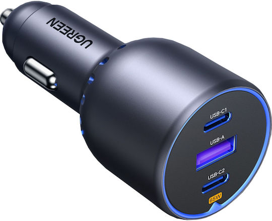 Ugreen Auto-Ladegerät 75W 3.25A mit Anschlüssen: 1xUSB 2xType-C Schwarz Farbe
