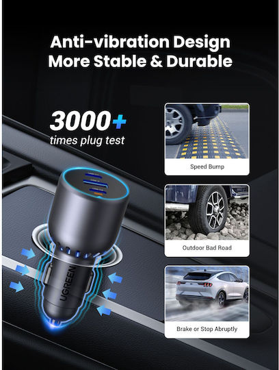 Ugreen Auto-Ladegerät 75W 3.25A mit Anschlüssen: 1xUSB 2xType-C Schwarz Farbe