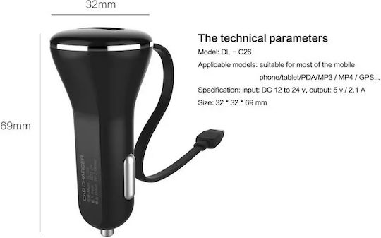 Ldnio 5V 2.1A Car Charger with One Port 1xUSB-A with Micro-USB Cable Black Color