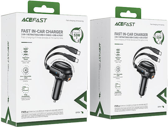Acefast Автомобилен Заряден Устройство 53W 3A с Портове 1xUSB-A 2xType-C с Type-C Кабел Черен Цвят