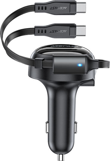 Acefast Автомобилен Заряден Устройство 53W 3A с Портове 1xUSB-A 2xType-C с Type-C Кабел Черен Цвят