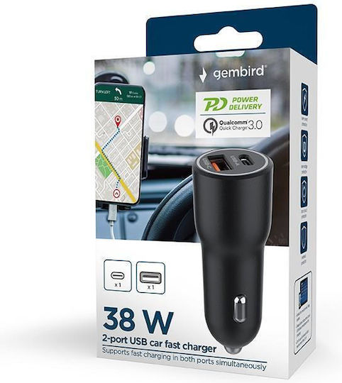 Gembird Автомобилен Зарядно Устройство 38W Бързо Зареждане с Портове 1xUSB-A 1xType-C Черен Цвят