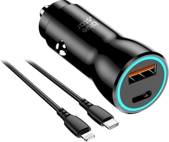 Blue Star Car Charger 25W 3A Fast Charging with One Port 1xUSB with Lightning Cable Blue Color