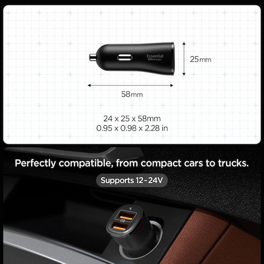Spigen Ev302 Essential 30w Car Charger Car Charger 30W 3A with Ports: 2xUSB Black Color