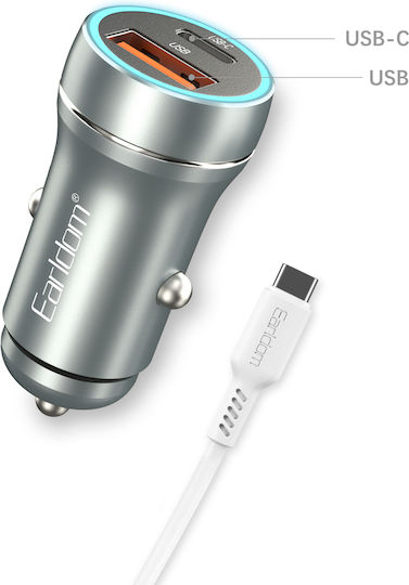 Earldom Auto-Ladegerät 30W Schnellladen mit Anschlüssen: 1xUSB 1xType-C inklusive Lightning Kabel Silber Farbe