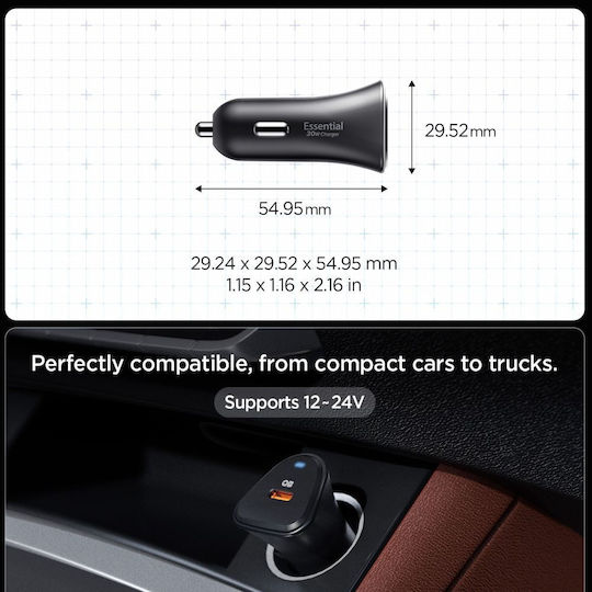 Spigen Essential 30w Car Charger Car Charger 30W with one Port: 1xType-C Black Color