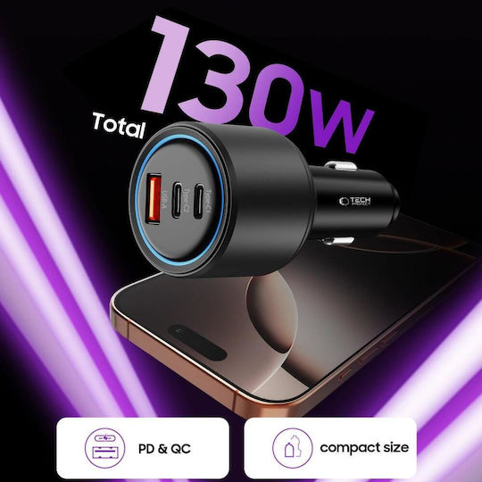 Tech-Protect Cc04 Încărcător Auto Încărcare Rapidă cu Porturi: 1xUSB 2xType-C Negru Culoare